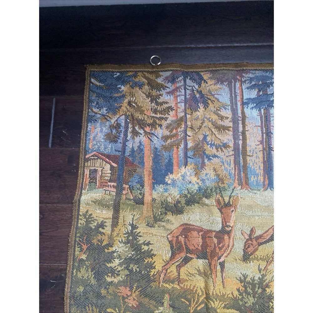 Vintage Deer Forrest Cabin Wall Hanging Tapestry 53 x 25" Hunting Scene - Picture 3 of 16